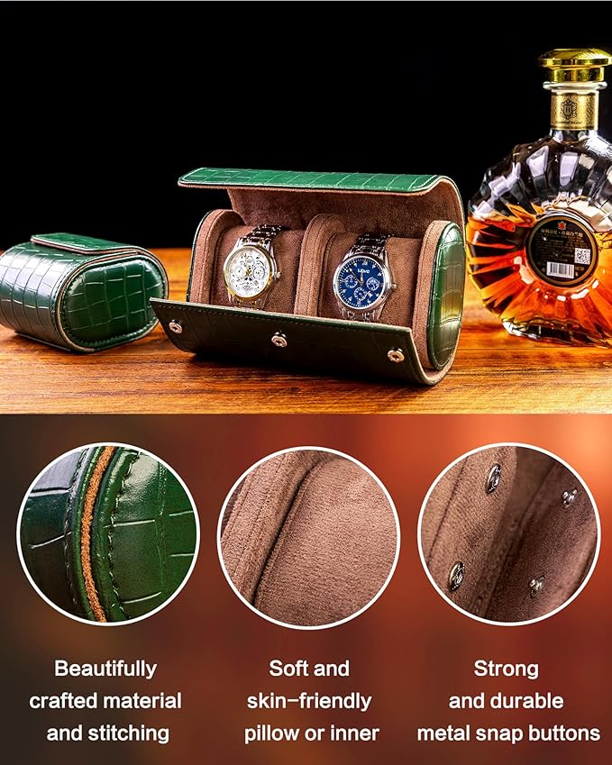 MR.OKAY 2 Watch Travel Case-Classic Leather Watch Case With Superb Texture.(Portable Watch Roll Or Organizer For Storage And Display).Festival Gift For Men, All Handcrafted By Artisans.