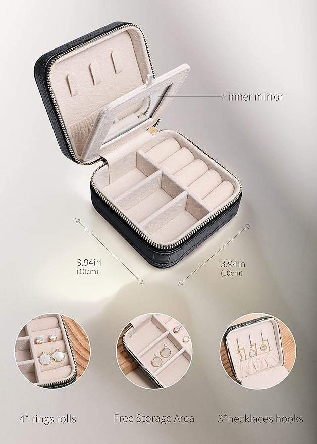 S.Leaf Travel Jewelry Organizer Travel Jewelry Boxes for Women Small Jewelry Travel Case Box Portable Travel Jewelry Case Travel Case Mini Jewelry (11_Pattern_Crocodile_Black_01)