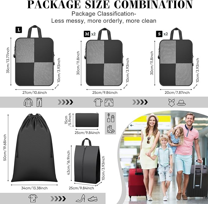 8 Set Compression Packing Cubes Travel, Lightweight Expandable Travel Cubes Suitcase Organizer for Carry On Luggage Suitcase, Black