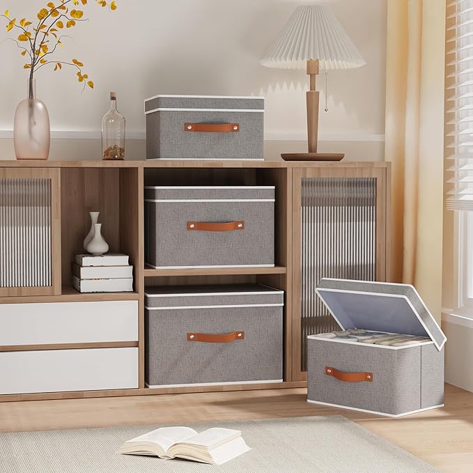 Collapsible Storage Bins with Lids, 1 Pack Linen Foldable Cloth Baskets, 15 x 9.8 x 9.8 Inch Closet Organizer Containers with Double Handles, Sweater Boxes for Bedroom, Grey