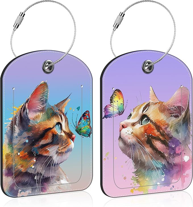 2 Pack PU Luggage Tags for Suitcase, Watercolor Cat and Butterfly Suitcase Tag Leather ID Label Bag Tags with Privacy Cover and Metal Loop for Men Women Travel Bag