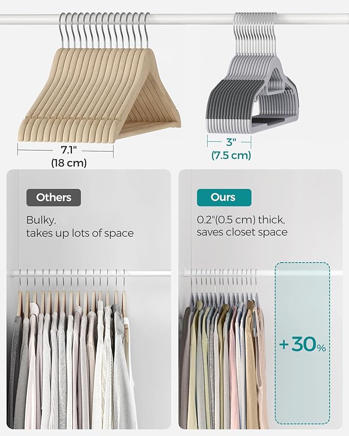 SONGMICS Pack of 60 Coat Hangers, Space-Saving Plastic Clothes Hangers, Non-Slip, 0.2 Inches Slim, 16.5 Inches Wide, 360° Swivel Silver Hook, Light and Dark Gray UCRP0020G01