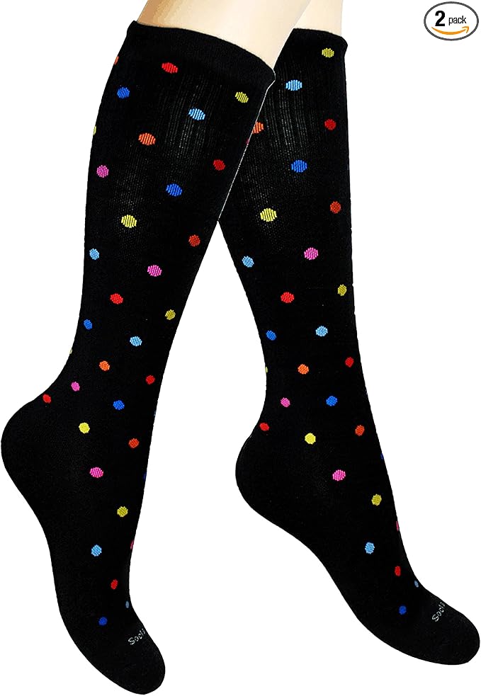 Cotton Compression Socks for Women & Men. 15-20 mmHg Support Knee-High Color Dots X/W