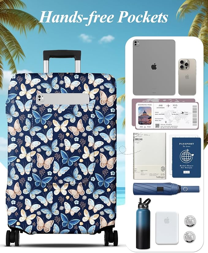 Slohif Luggage Cover for Suitcase Tsa Approved Protector - Luggage Sleeve Large Suit Case Cover Travel Stretch Baggage Case Protective Washable Fit 24-27 Inch Blue Butterfly M