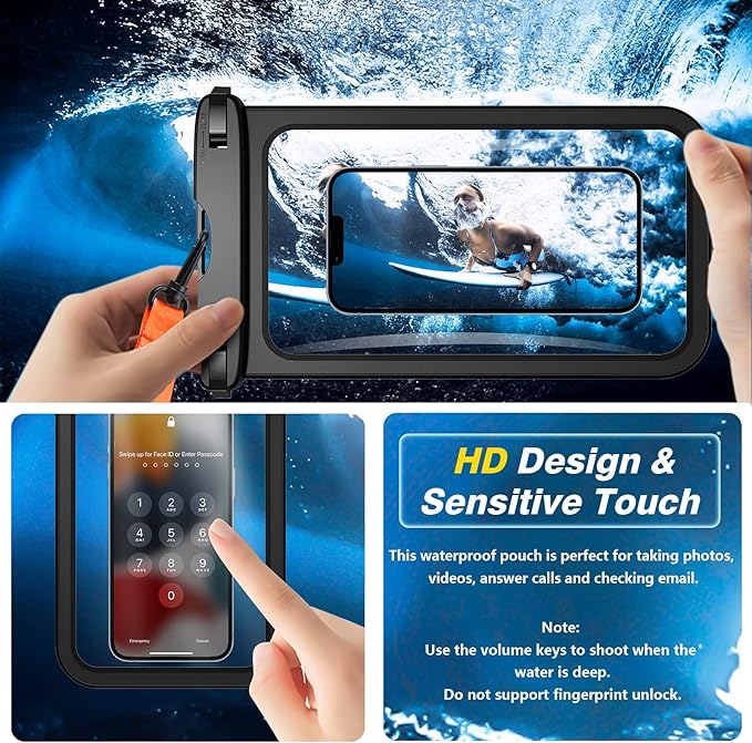 Temdan 2 Pcs Waterproof Phone Pouch, [Up to 10" Large] Universal IPX8 Waterproof Cell Phone Case Dry Bag with Lanyard for iPhone 16 Pro Max/16E/15/14/13,Galaxy S25 Ultra/S24/S23 for Vacation -Black