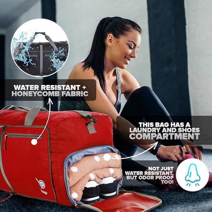 Bago Foldable Duffel Bags for Traveling Women & Men - 60L Medium Packable Duffle Bag for Travel with Shoe Compartment - Water Repellant, Heavy Duty, Lightweight Folding & Collapsible (Red)