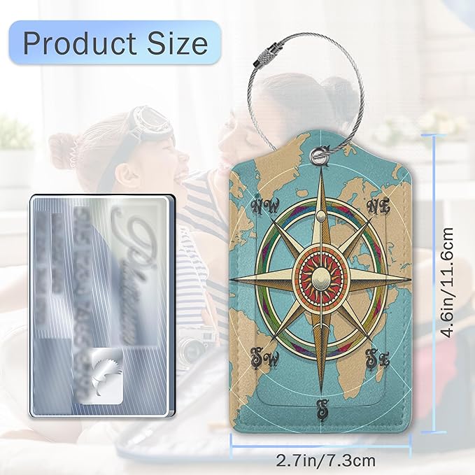 Retro World Map Luggage Tags for Suitcase,Nautical Compass Luggage Tags of Set 2 Leather Identifiers Privacy Cover with Stainless Steel Loop for Women Men Travel Bag Suitcase