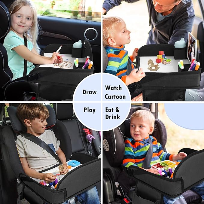 Kids Travel Tray for Toddler Car Seat, Lap Tray for Girl Activities with Dry Erase Board & Cooler Cup Holder, Road Trip Essentials Accessories with No-Drop Large Tablet iPad Holder Stand,2Pc Black