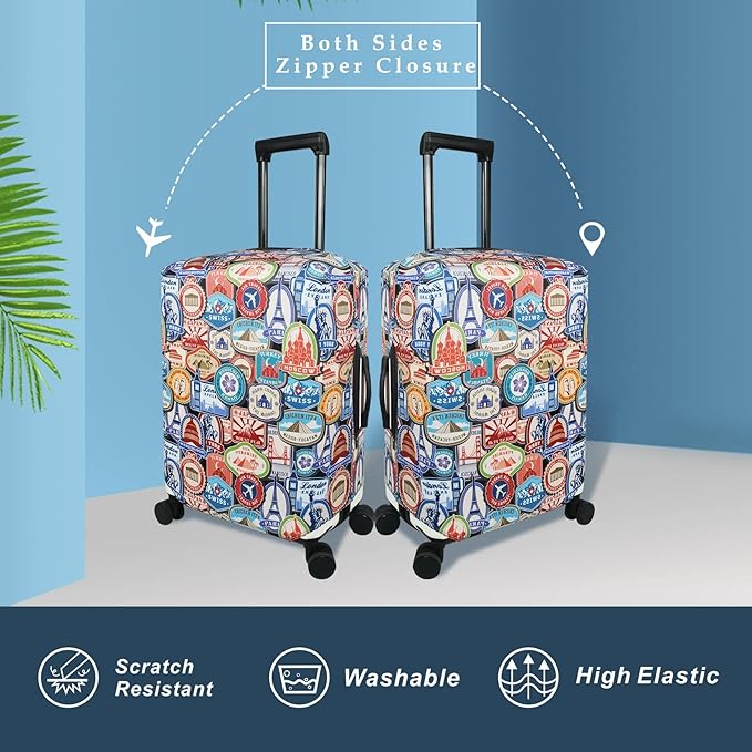Explore Land Travel Luggage Cover Suitcase Protector Fits 31-32 Inch Case (Landmark Sticker, XL)