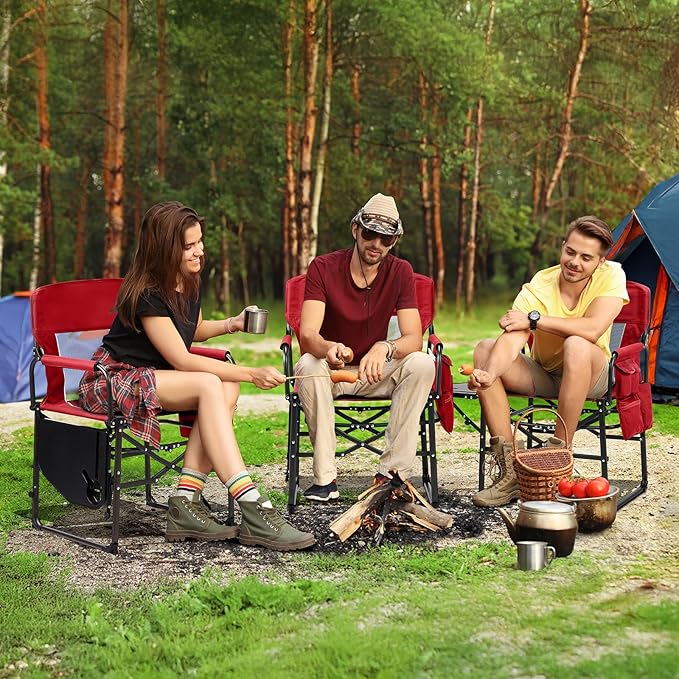VINGLI Camping Chairs, Directors Chair, Camping Chair with Side Table & Carry Bag，Heavy Duty Camping Chairs for Adults,Portable Folding Camping Chair 2 Pack, for Beach, Fishing,Trip,Picnic,Lawn-Red