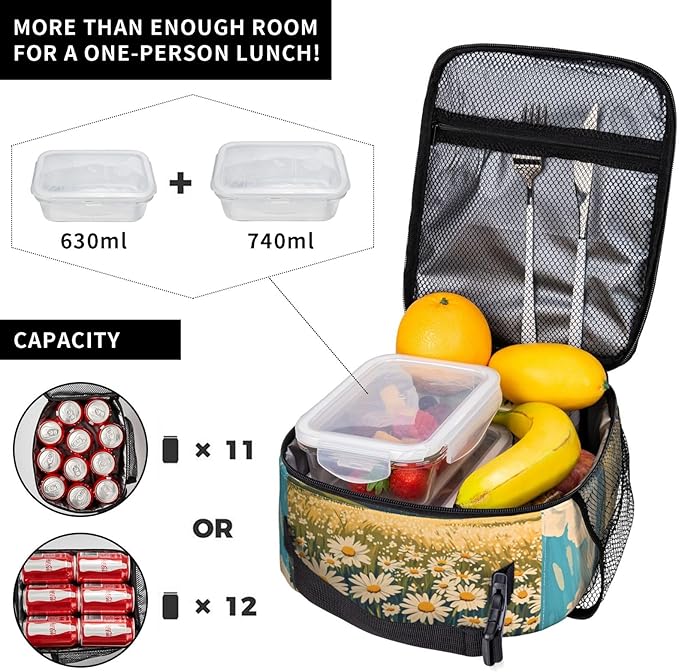 Daisy Flower Lunch Box for Kids Aldults, Nature Floral Reusable Thermal Insulation Cooler Tote Bags, Meadow Wildflower Field Insulated Bag for Student, School Picnic Camping Travel, Gifts