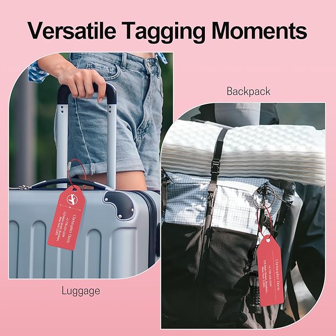 4 PCS Personalized Metal Luggage Tag – Personalized Engraved Suitcase Tag, Backpack Tag, with Matching Color Strap, Waterproof Suitcase Name Badge – Ideal Corporate Gift & Travel Accessory (Red)