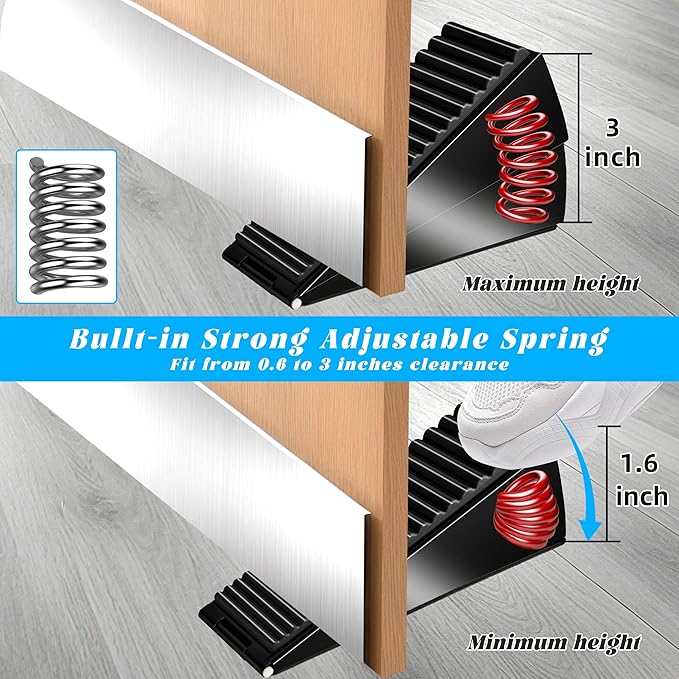 Large Heavy Duty Door Stoppers, Premium Spring Door Stopper for Bottom of Door, Adjustable Large Rubber Stoppers Wedge with Metal, Door Stop Suits Any Heavy Door (Black-0ne)