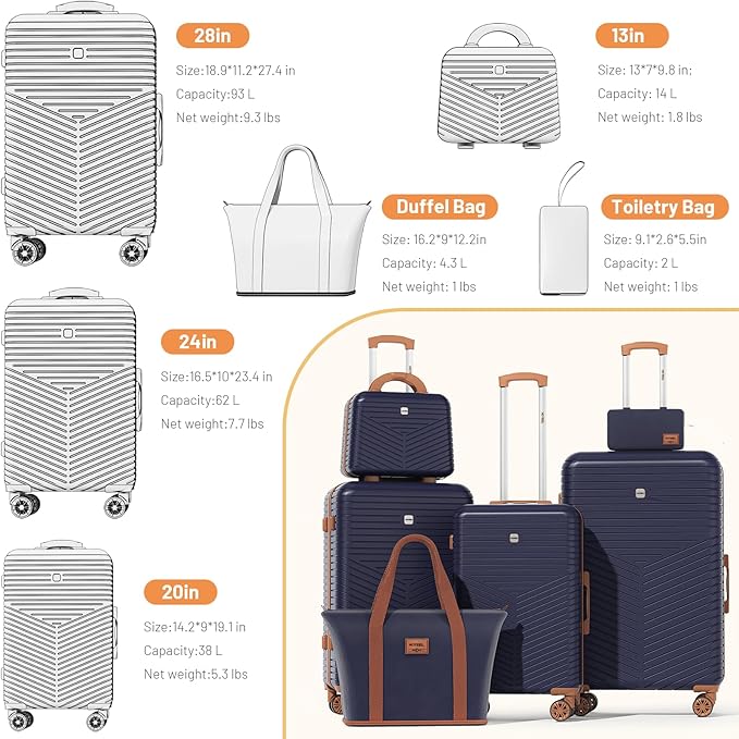 Hoteel 6 Piece Luggage Set (4-YEAR WARRANTY) with Spinner Wheels & TSA Lock, Carry on Luggage Hardshell ABS+PC, Travel Collection Suitcases Sets, Dark Blue(13/20/24/28",Travel Bag,Cosmetic Bag)