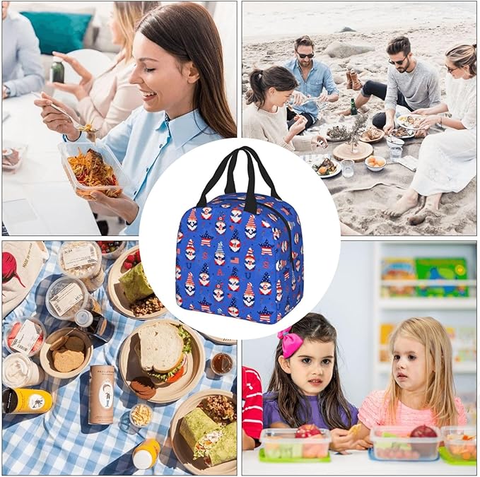 American Gnome Patriotic Lunch Box 4th of July Memorial Day Lunch Bag Insulated Reusable Lunch Tote Bag Cooler Tote Bag for Men Women