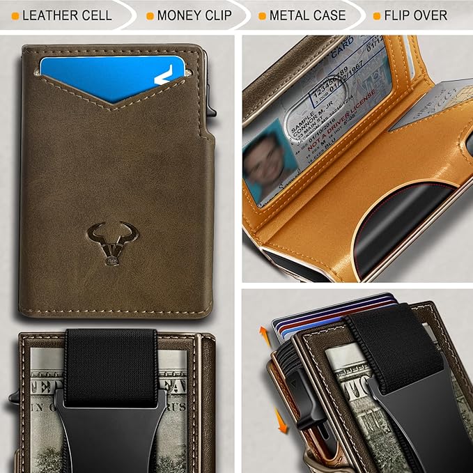 BULLIANT Men Wallet Gift Boxed,Slim Front Pocket Wallet Money Clip Card Holder 3.8"x2.7",Pop-up Access