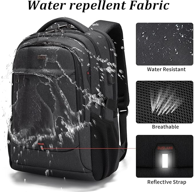 DUSLANG 17 Inch Laptop Backpack for Travel Water Resistant College Backpack for Men/Women Laptop Bag with USB Charging Port and Baseball Keychain for backpack, Black