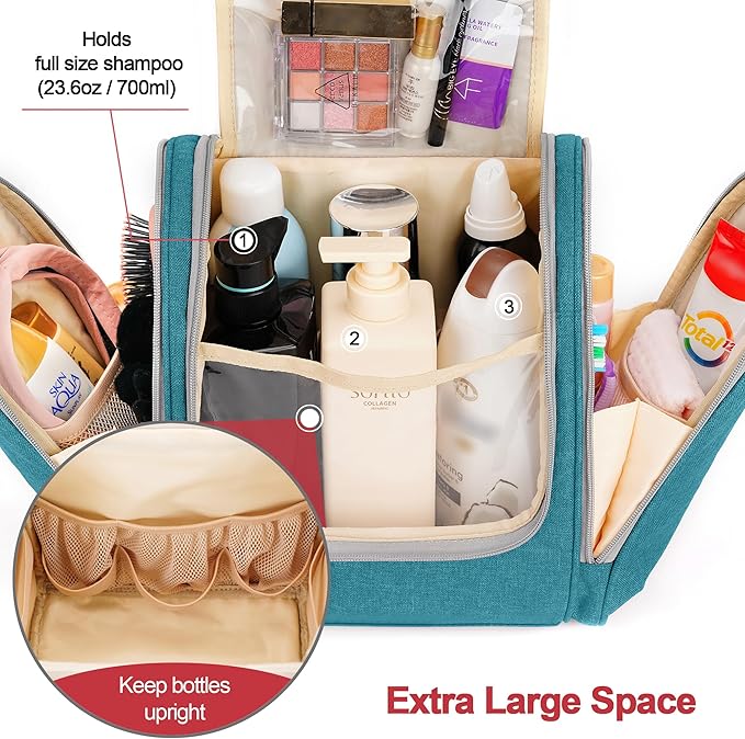 Extra Large Toiletry Bag for Women and Men, 6 Organizer Compartments, Holds Full Size Shampoo, with Hanging Hook Cosmetic Bag, Travel Makeup Bag, Bathroom Water-resistant Toiletries Bag, Blue