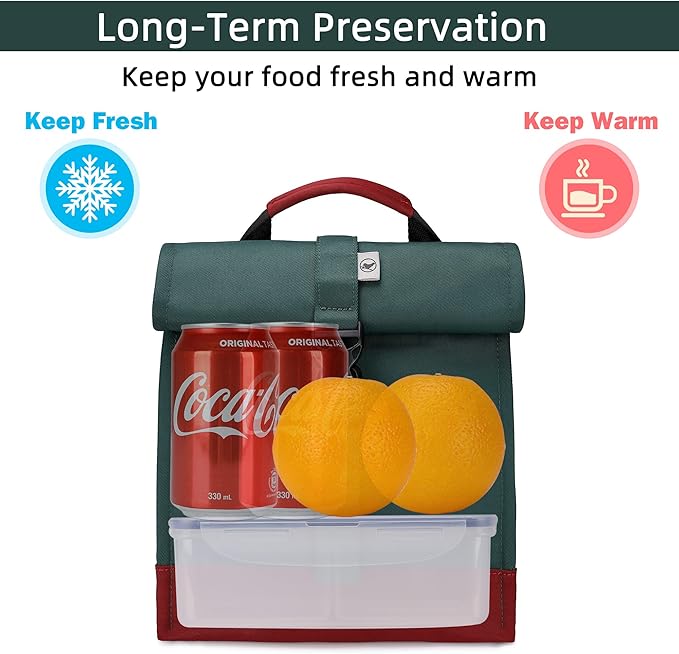 SUNNY BIRD Insulated Lunch Bag Rolltop Lunch Box Tote Lunchbox Bag for Women, Men, Adults and Teens (Green)