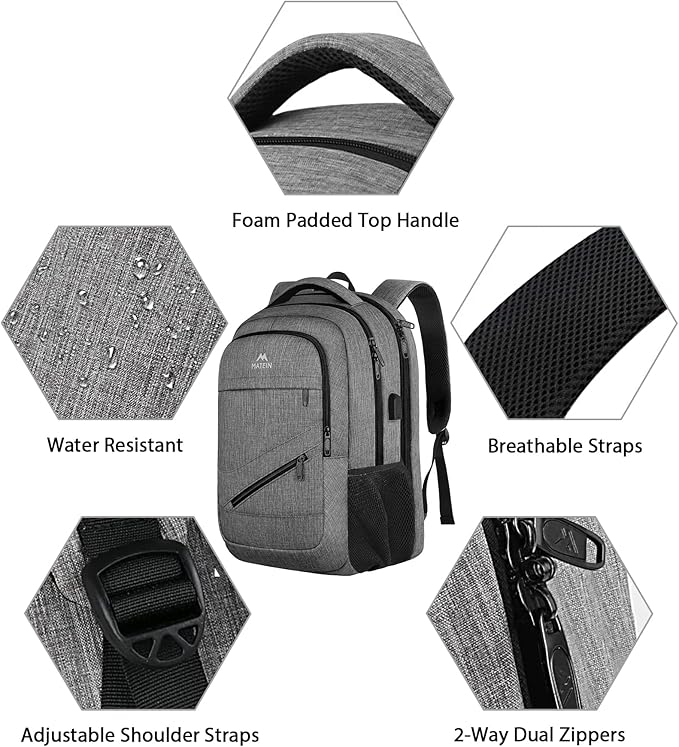 MATEIN Travel Laptop Backpack, 17 Inch Work TSA Approved Carry on Backpack, Large Computer Business Bag for Men Women with USB Port and Trolley Sleeve, College School Rucksack Book Bag, Grey