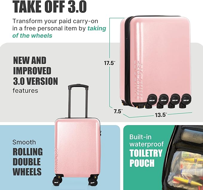 Take OFF Luggage Personal Item 3.0 – 18x14x8 Underseat Carry On with Removable Wheels – TSA Lock, Hardshell Suitcase – Fits Tight Airline Size Rules – No-Fee Lightweight Travel Bag