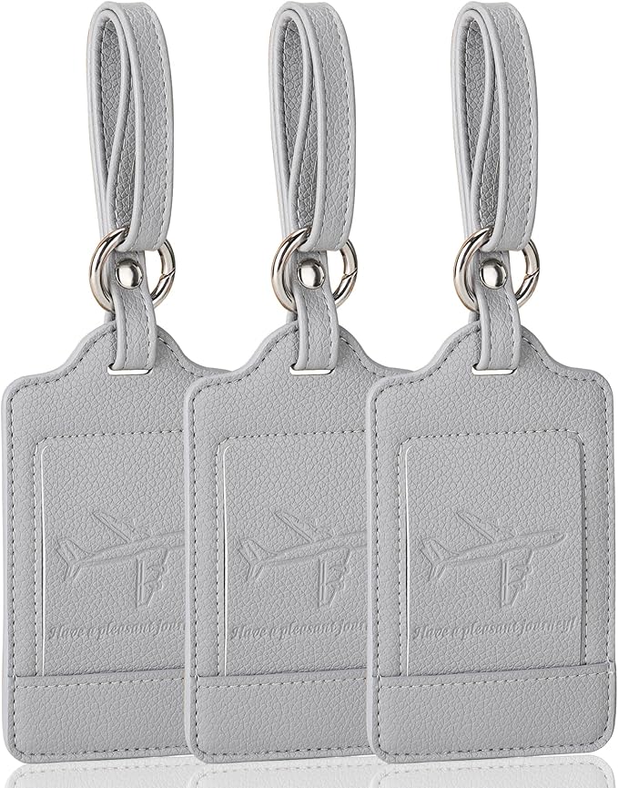 Teskyer Luggage Tags, 3 Pack Premium PU Leather Luggage Tags for Suitcases, Privacy Protection Travel Bag Tags, Lichee Gray