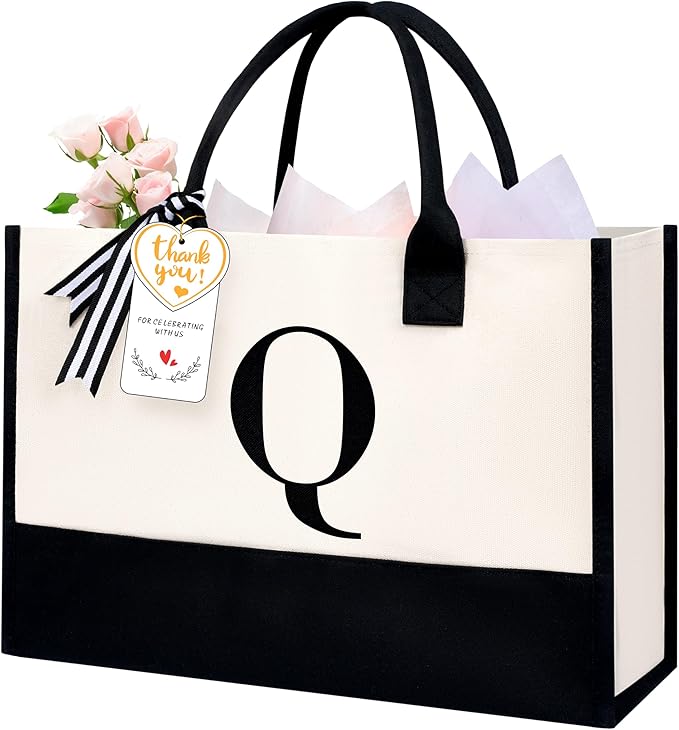 BAGAIL Initial Tote Bag, Personalized Birthday Gifts for Women, Teacher, Friends, Mom, Wedding, Monogrammed Beach Bag