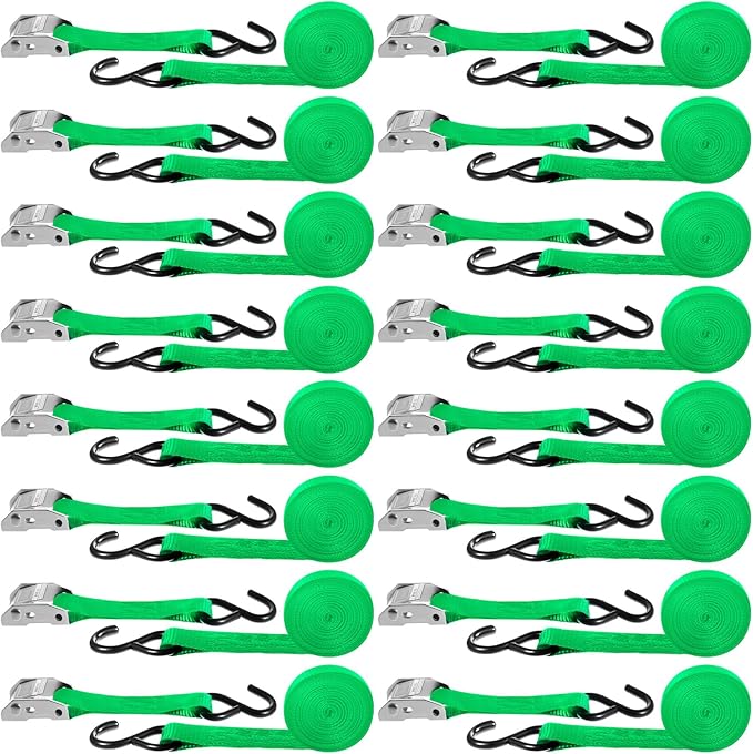 16 Pcs Cambuckle Tie Down Straps 1763lbs Break Strength Securing Straps 1'' x 15 ft Cambuckle Tie Downs with S Hook for Motorcycle, Kayak, Car, Truck, Boat Moving, Securing Cargo(Green)