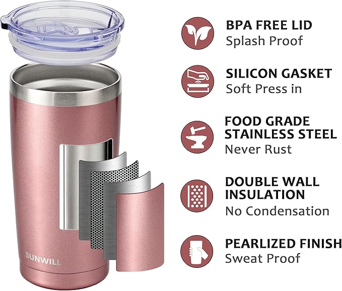 SUNWILL Travel Coffee Mug Set of 2, 20 oz Tumbler with Lid, Insulated Stainless Steel Cup for Water, Tea, Ice, Rose Gold & Cool Grey
