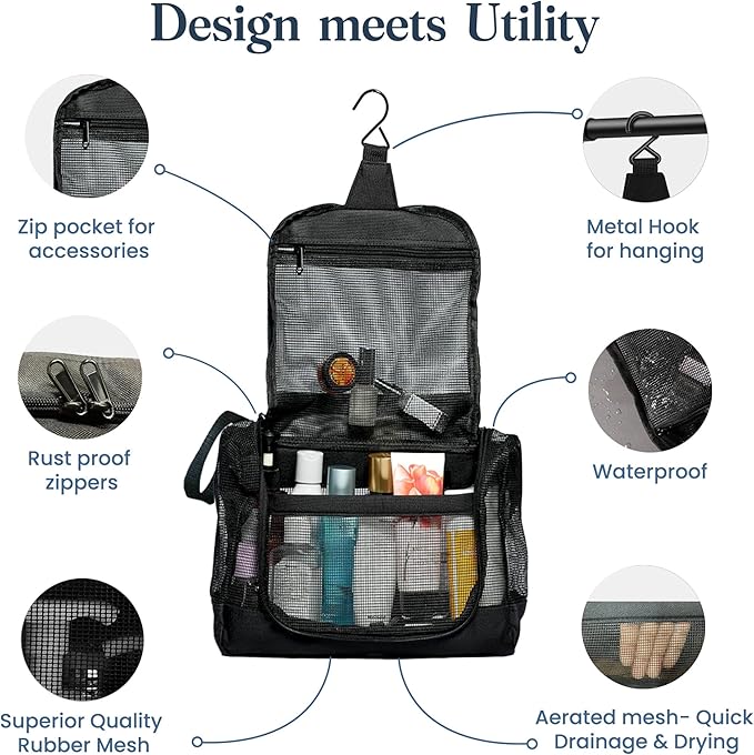 The Fine Living Portable Latex Mesh Shower Caddy Tote Bag, Gym Shower Caddy Hanging Organizer with Metal Hook, Dorm Room Essentials, Travel Toiletries, Camping RV Essentials, Black 12”x3”x8”