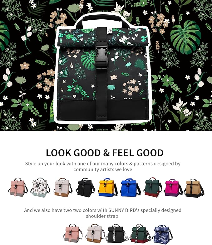 SUNNY BIRD Insulated Lunch Bag Rolltop Lunch Box Tote Bag for Women, Men, Adults and Teens (Floral & Foliage)