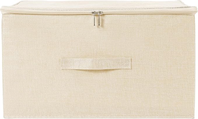 ANMINY 3PCS Storage Bins with Zipper Lids 51.9 Qt Lidded Fabric Storage Boxes Baskets Cubes with Handles Collapsible Washable Cotton Linen Closet Shelf Clothes Organizer - Beige, Extra Large