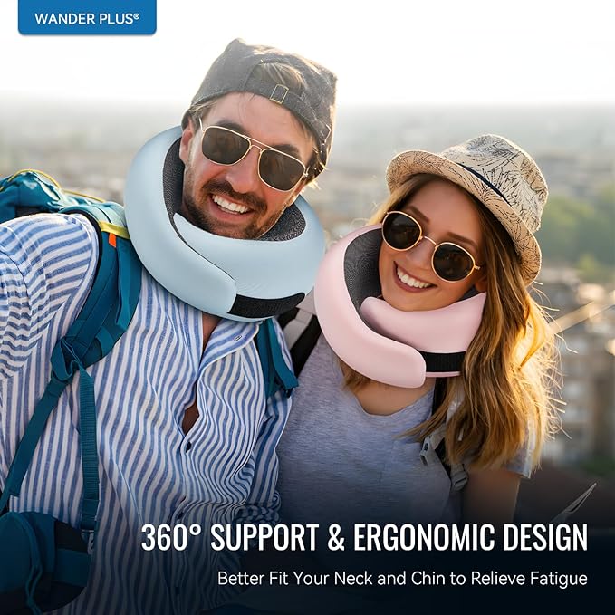 WANDER PLUS® Travel Neck Pillow, Pure Memory Foam Neck Pillow for Airplanes, Comfortable Breathable Cover, 360 Degree Support Ergonomic Design Best for Sleeping Plane Train Travel Essentials Max Black