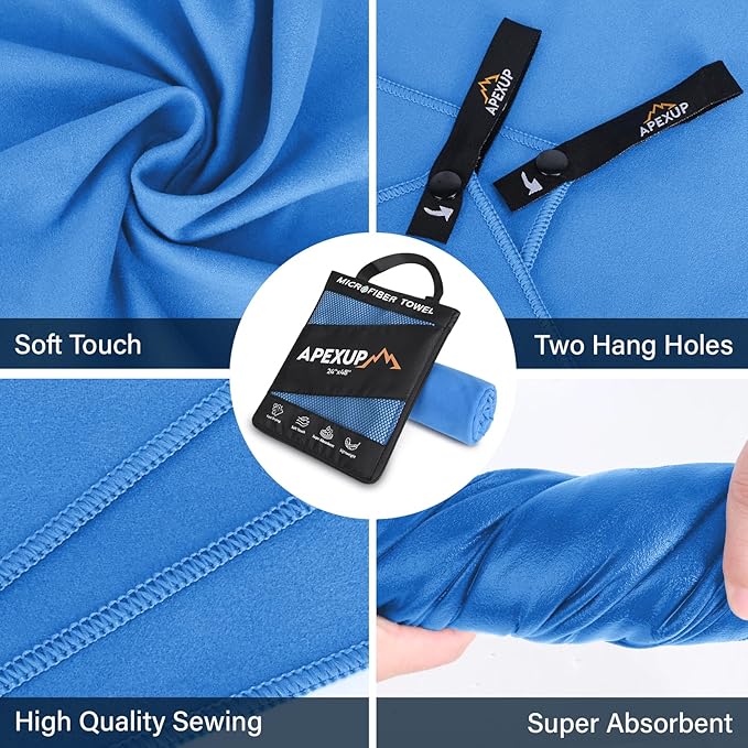 APEXUP Microfiber Travel Towel, Ultra Absorbent Quick Dry Towels, Lightweight Gym Sports Camping Towel for Workout, Yoga, Beach, Shower, Swimming (60"×30", Blue)