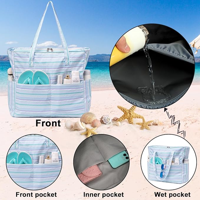 Waterproof Beach Tote Pool Bags for Women Ladies Extra Large Gym Tote Carry On Bag With Wet Compartment for Weekender Travel