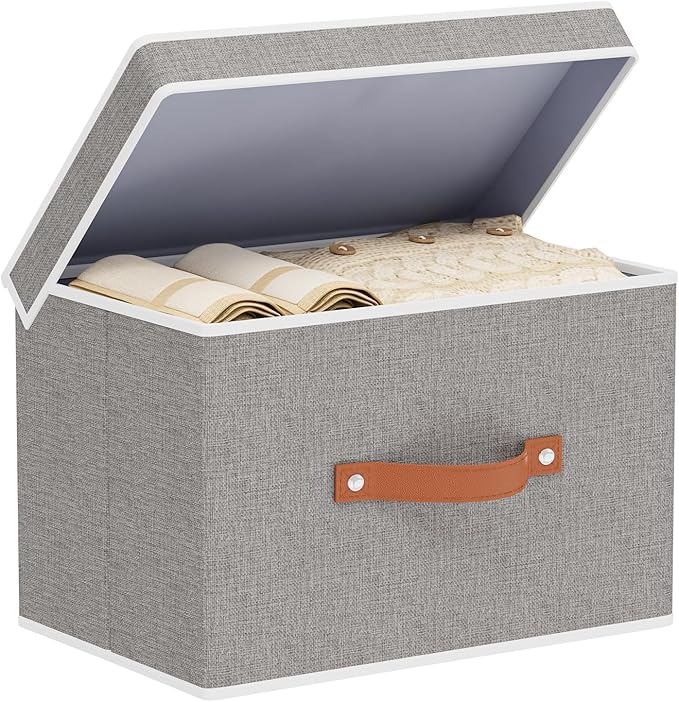 Collapsible Storage Bins with Lids, 1 Pack Linen Foldable Cloth Baskets, 15 x 9.8 x 9.8 Inch Closet Organizer Containers with Double Handles, Sweater Boxes for Bedroom, Grey