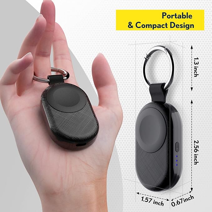 PZOZ Portable Apple Watch Wireless Travel Charger, 1200mAh Power Bank iWatch Fast Charging with Car Keychain, Adapter Compatible with Series Ultra 10 9 8 7 6 5 4 3 2 SE (Black)