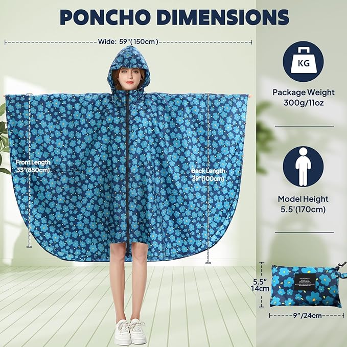 ANYOO Waterproof Rain Poncho Lightweight Reusable Hiking Hooded Coat Jacket for Outdoor Activities