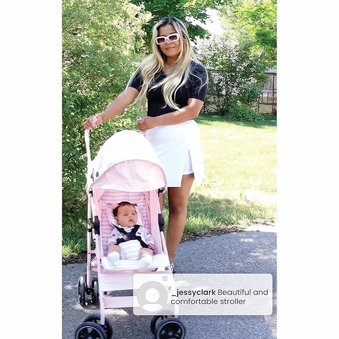 babyGap Classic Stroller - Lightweight Stroller with Recline, Compact Fold & Removable Parent Organizer - Made with Sustainable Materials, Pink Stripes