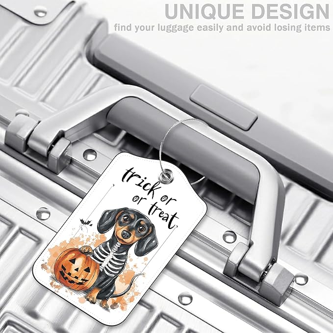 Halloween Funny Dachshund Dog and Pumpkin Set of 2 Luggage Tags for Suitcases Leather Suitcase Tags with Privacy Name Address Label and Stainless Steel Loop for Women Men Travel Luggage Accessories