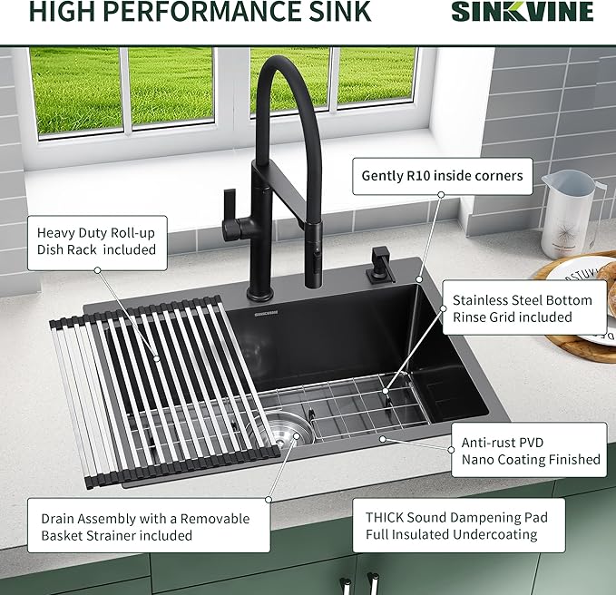 Black Kitchen Sink Drop-In 22 x 18 inch, SINKVINE PVD Nano Stainless Steel Bar Sink Outdoor, Top Mount Deep Single Bowl RV Laundry Basin, w/Drain Strainer, Bottom Grid, Roll-up Drying Unit, Dark Gray