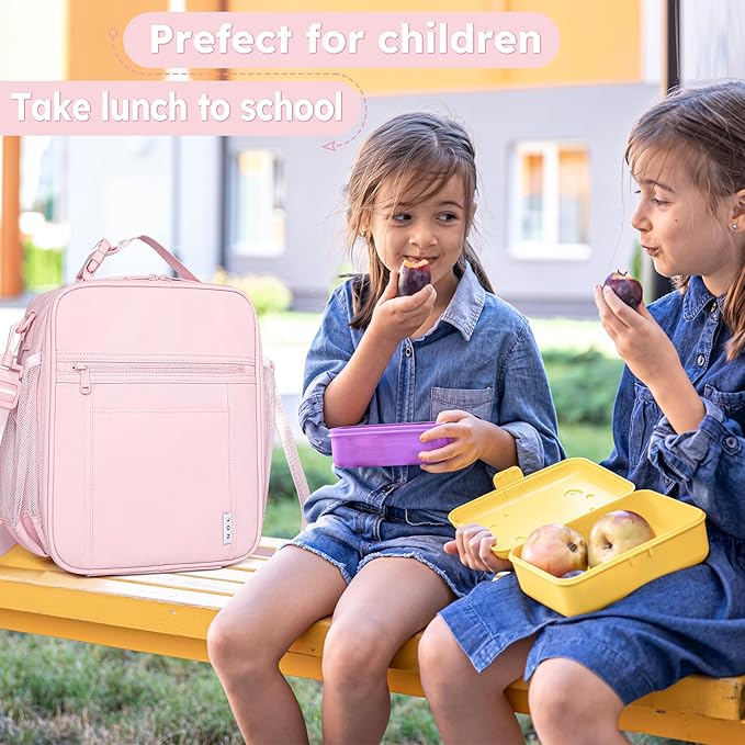 NOL Nylon Waterproof Kids Lunch Bag, Insulated Lunch Bag, Lunch box Cooler, Reusable, Zip Closure with Buckle Handle Holds Lunch Box, Snacks & Water Bottle for School Work,Pink