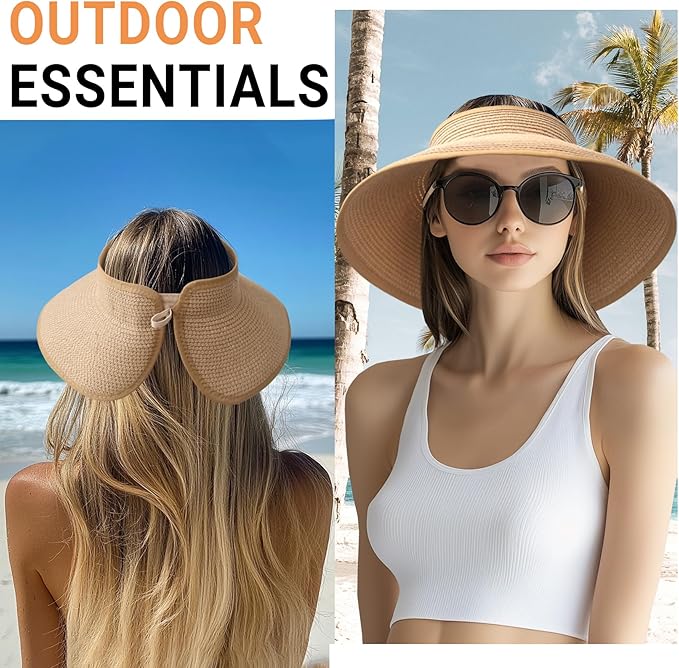 PFFY Sun Hats for Women Straw Beach Hat Packable Foldable Wide Brim Ponytail Travel Visor