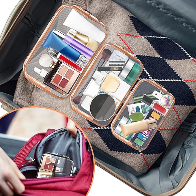 AURUZA 4 Pack Clear Toiletry Bag,Portable Travel Makeup Bags with Zipper, TSA Approved Clear Organizer Bags, PVC Cosmetic Pouch for Airport Airline Compliant (4 Packs Rose Pink)