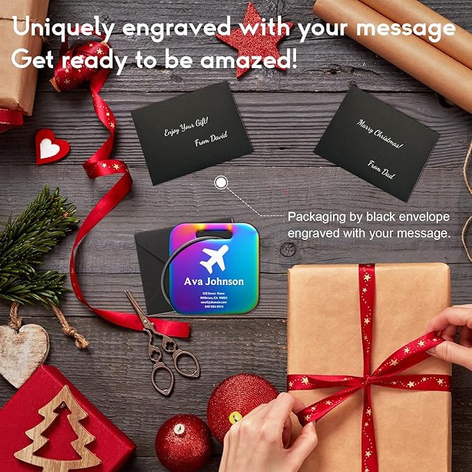 Customizable Stainless Steel Square Luggage Tags, Personalized, Metal, Suitcase, Bag, TSA Approved, Travel, Custom Text, Laser Engraved, Classic Square, Multicolor, 1 Count