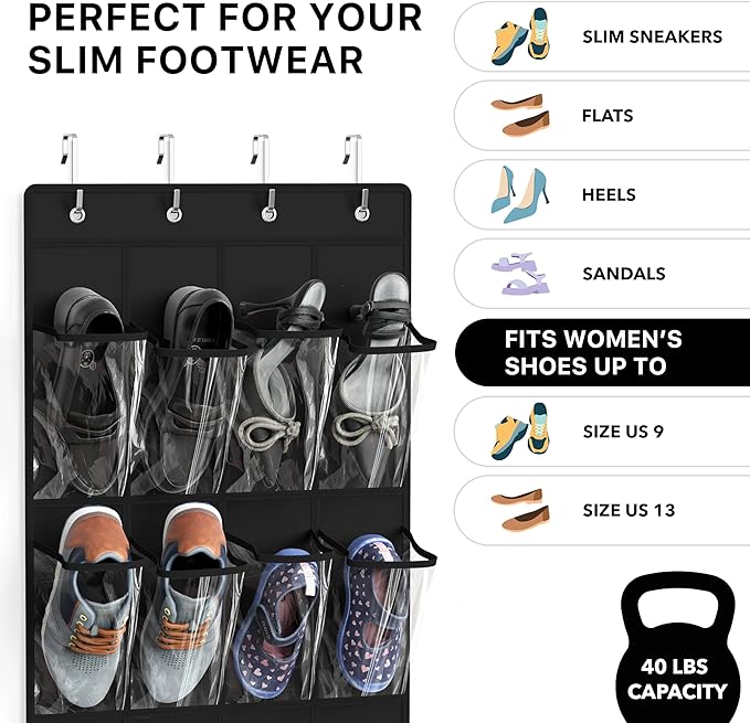 Simple Houseware 24 Pockets - Crystal Clear Over The Door Hanging Shoe Organizer, Black (64'' x 19'')