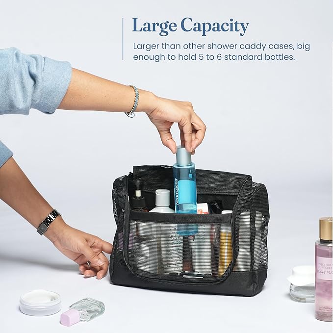 The Fine Living Portable Latex Mesh Shower Caddy Tote Bag, Gym Shower Caddy Hanging Organizer with Metal Hook, Dorm Room Essentials, Travel Toiletries, Camping RV Essentials, Black 12”x3”x8”