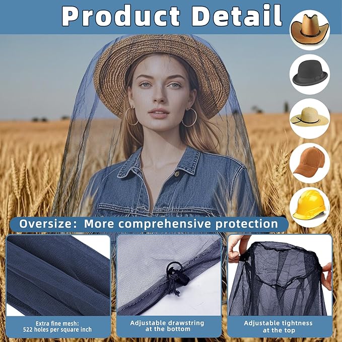 Oversized Mosquito Net 42 x 25 Inches Ultra Large Mosquito Head Net Face Neck Fly Mesh Netting Fits All Hats for Outdoor Camping Hiking Fishing Gardening Safari(Navy Blue)