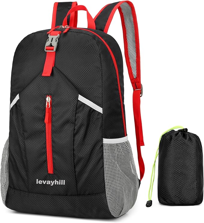 25L Hiking Backpack Foldable Sports Daypack Camping Collapsible Bag Water Repellent Lightweight Travel Men Women (Black)