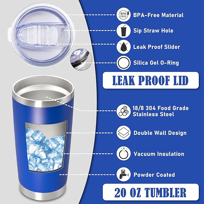 20 oz Tumbler Coffee Tavel Tumblers Bulk with Lid Stainless Steel Double Wall Vacuum Insulated Mug Powder Coated Cups fit Car Cupholder for Hot and Cold - Dark Blue, 1Pack